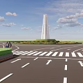 Serene Garden Landscape with Tower Monument Neatly Lined Trees Zebra Crossing Road and People Walking