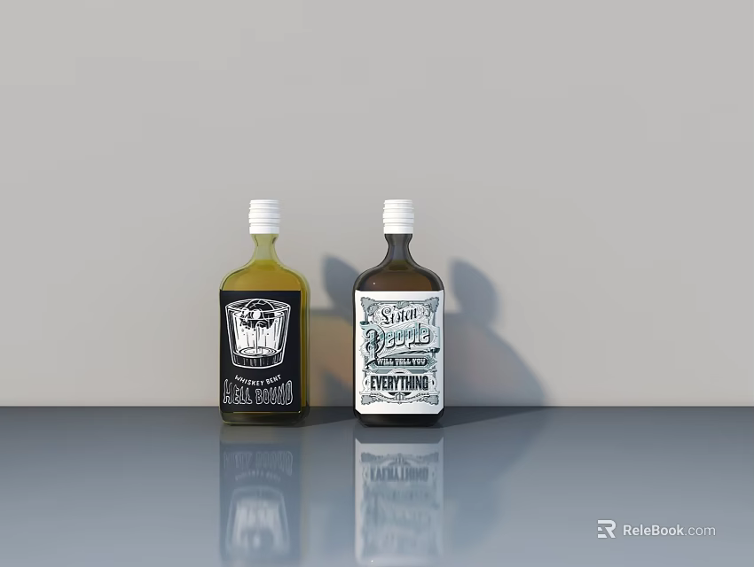 Two Bottles of Olive Oil and Balsamic Vinegar Placed on Gray Table Surface 3d model 