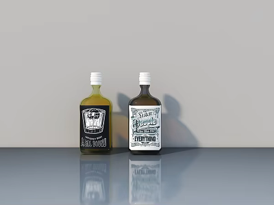 Two Bottles of Olive Oil and Balsamic Vinegar Placed on Gray Table Surface 3d model