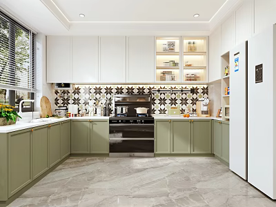 Modern Kitchen Interior With Green White Cabinets Black Oven Patterned Tile Backsplash And Marble Floor 3d model