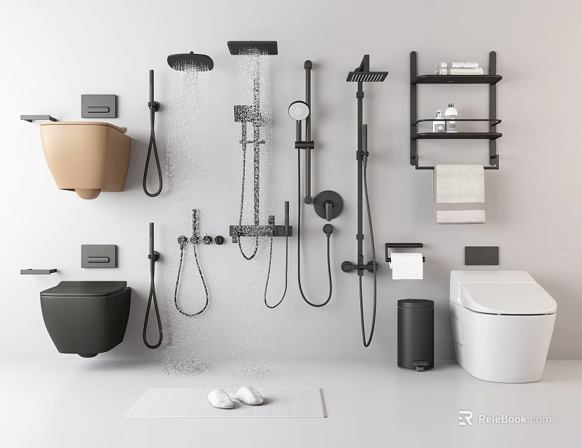 Modern Bathroom Fixtures Collection With Toilet Shower System Shelving Towel And Accessories 3d model 