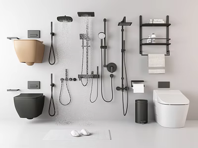 Modern Bathroom Fixtures Collection With Toilet Shower System Shelving Towel And Accessories 3d model
