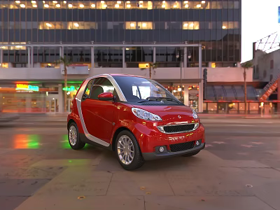 Red Small Smart Car Driving on City Street with Tall Buildings and Neon Lights 3d model