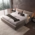 Modern Double Bed with Upholstered Headboard Nightstands Table Lamps Textured Wall and Large Window