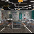 Modern School Classroom With White Tables Yellow Chairs Hexagonal Lights And Smart Whiteboard
