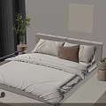 Modern Double Bed with White Sheets Brown Pillow Potted Plant Wall Art and Natural Light