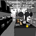 Commercial Kitchen Setup With Stainless Steel Workbench Hanging Cookware And Kitchen Appliances