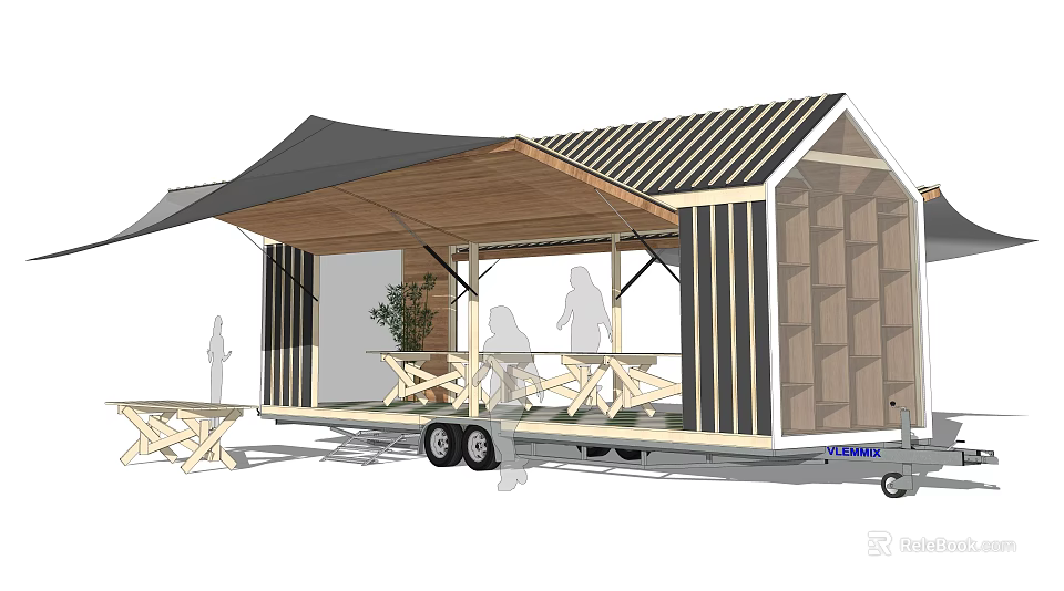 Functional Mobile Trailer With Awning Wooden Structure Tables And Benches For Outdoor Use 3d model 