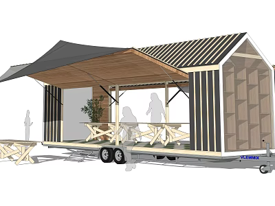 Functional Mobile Trailer With Awning Wooden Structure Tables And Benches For Outdoor Use 3d model