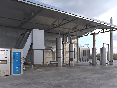 Industrial Equipment In Covered Factory Facility With Large Metal Tanks Pipes And Control Panel 3d model