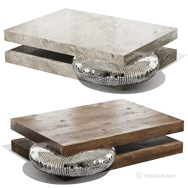Modern Double Layer Coffee Table Set With Marble And Wood Tops And Shiny Metal Legs 3d model 