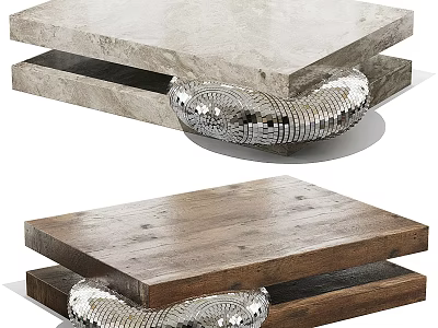 Modern Double Layer Coffee Table Set With Marble And Wood Tops And Shiny Metal Legs 3d model