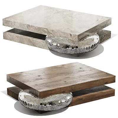 Modern Double Layer Coffee Table Set With Marble And Wood Tops And Shiny Metal Legs 3d model