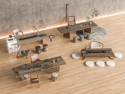 New Chinese Tea Table and Chair Tea Table and Chair Tatami Tea Table and Chair Tea Room Tea House Tea Table and Chair Tea Set Green Plant Potted Tea Table 3d model