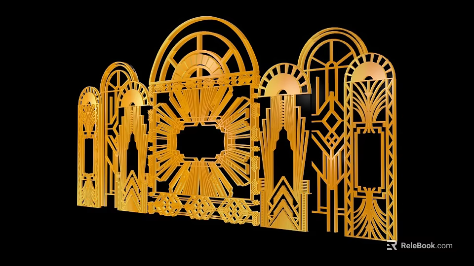 Golden Decorative Laser Cut Panels With Arched Patterns And Geometric Designs 3d model 