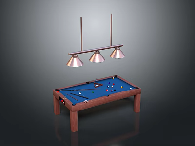 Wooden Billiard Table Interior With Three Hanging Lights And Billiard Balls 3d model