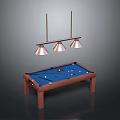 Wooden Billiard Table Interior With Three Hanging Lights And Billiard Balls