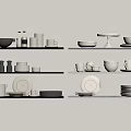 Modern White Dinnerware Set Display with Plates Bowls Mugs and Wine Glasses on Shelves