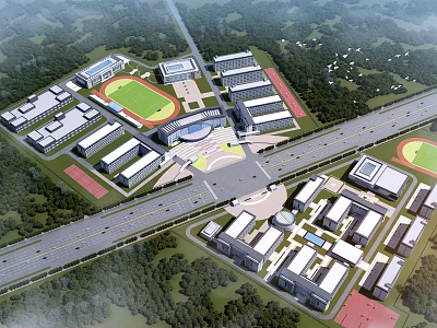 Aerial View of Modern School Campus with Multiple Buildings Sports Field and Surrounding Greenery 3d model