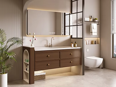 Elegant Modern Bathroom Vanity With White Countertop Brown Cabinets Backlit Mirror And Potted Plant 3d model