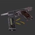 Vintage Metal Pistol With Wooden Grip Magazine And Bullets On Dark Surface