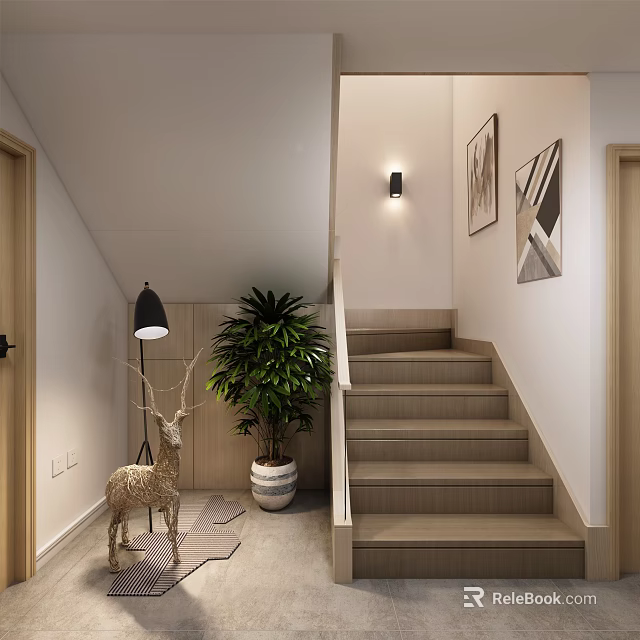 Staircase Design With Potted Plant Wall Lamp And Decorative Paintings 3d model 