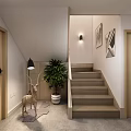 Staircase Design With Potted Plant Wall Lamp And Decorative Paintings