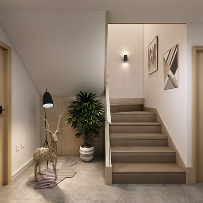 Staircase Design With Potted Plant Wall Lamp And Decorative Paintings 3d model