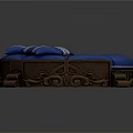 Traditional Circular Furniture With Blue Cushions And White Patterned Pillows On Dark Wooden Base