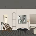Modern Exhibition Hall Interior With White Sofa Art Paintings Green Plants And Geometric Floor