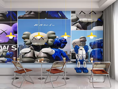 Kaws Theme Background Wall in Modern Dining Room with Sculptures and Hanging Lights 3d model