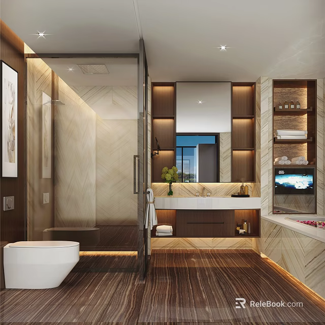 Luxury Hotel Bathroom Interior With Rainfall Shower Freestanding Tub Vanity Mirror And Storage Cabinets 3d model 