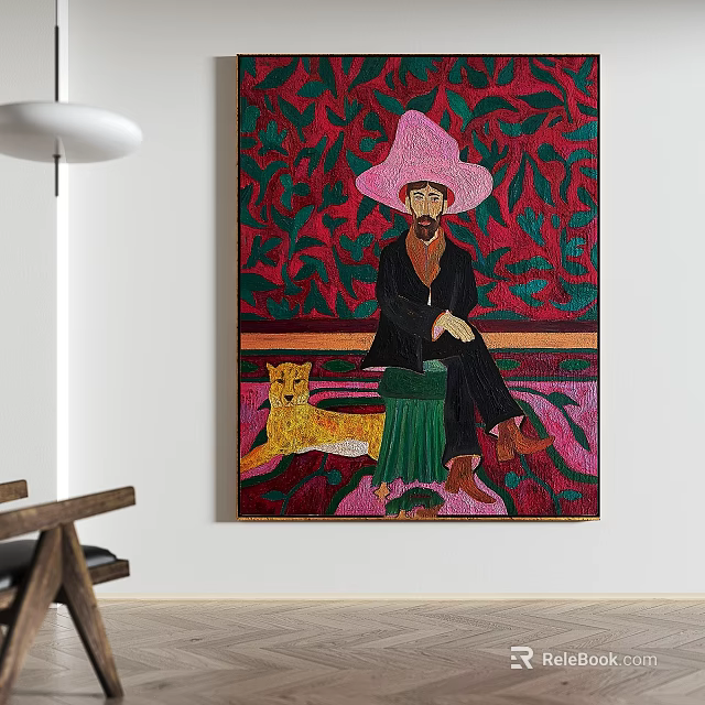 Portrait Painting of Man in Pink Hat with Red Green Leaf Background and Yellow Leopard 3d model 