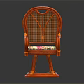 Brown Rattan Leisure Chair With Armrests Woven Backrest Round Base And Patterned Cushion