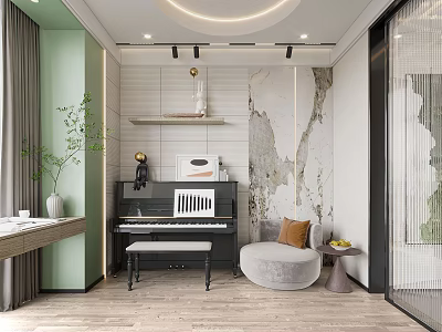 Modern Piano Room Interior With Piano And Cozy Decor 3d model