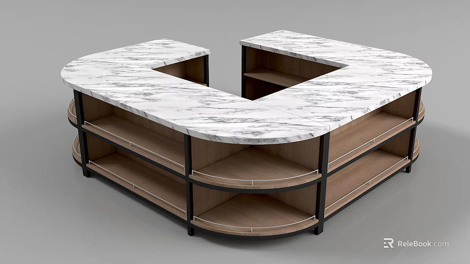U Shaped Display Cabinet Shelving With Marble Countertop And Wooden Layers 3d model 