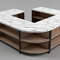U Shaped Display Cabinet Shelving With Marble Countertop And Wooden Layers
