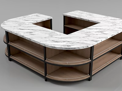 U Shaped Display Cabinet Shelving With Marble Countertop And Wooden Layers 3d model