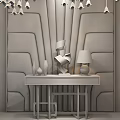 Elegant Console Table With Leather Panel Wall Modern Sculptures Blue Lamp And Gold Frame