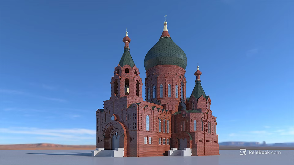 European style Architecture with Green Domes Red Brick Spires and Arched Details 3d model 