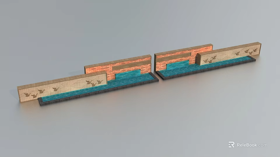Decorative Landscape Feature Wall With Brick Structure Blue Water And Bird Motifs 3d model 