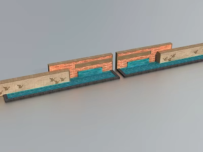 Decorative Landscape Feature Wall With Brick Structure Blue Water And Bird Motifs 3d model