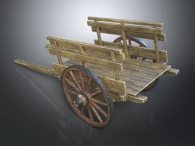 Vintage Wooden Cart Featuring Large Wheels And Solid Wooden Planks Structure 3d model