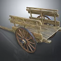 Vintage Wooden Cart Featuring Large Wheels And Solid Wooden Planks Structure