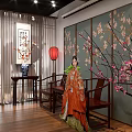 Traditional Chinese Style Mall Store Featuring Clothing Mannequins Floral Screen Decorative Lanterns And Potted Plants