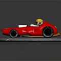 Red Racing Car With Yellow Helmet And Logo On Circular Gray Platform With White Lines