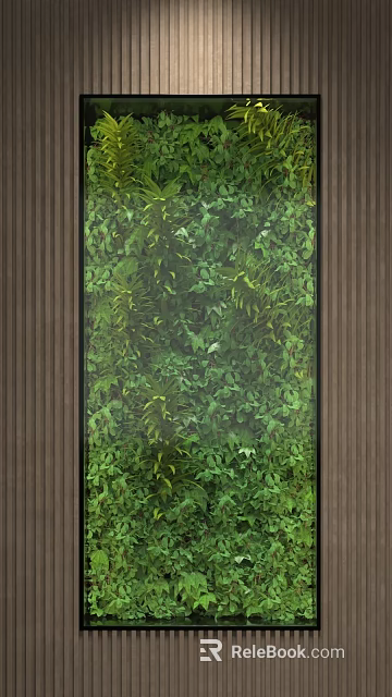 Natural Lush Plant Painting Covered with Green Plants and Wooden Vertical Stripes Background 3d model 