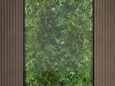 Natural Lush Plant Painting Covered with Green Plants and Wooden Vertical Stripes Background 3d model