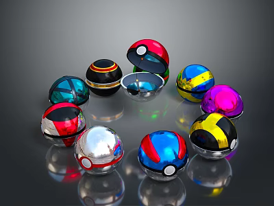 Colorful Spherical Objects With Various Designs Arranged In Circle And Metallic Reflective Surfaces 3d model