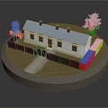 White Residential House With Blue Roof Chimneys And Autumn Yellow Trees Wooden Fence Stone Path